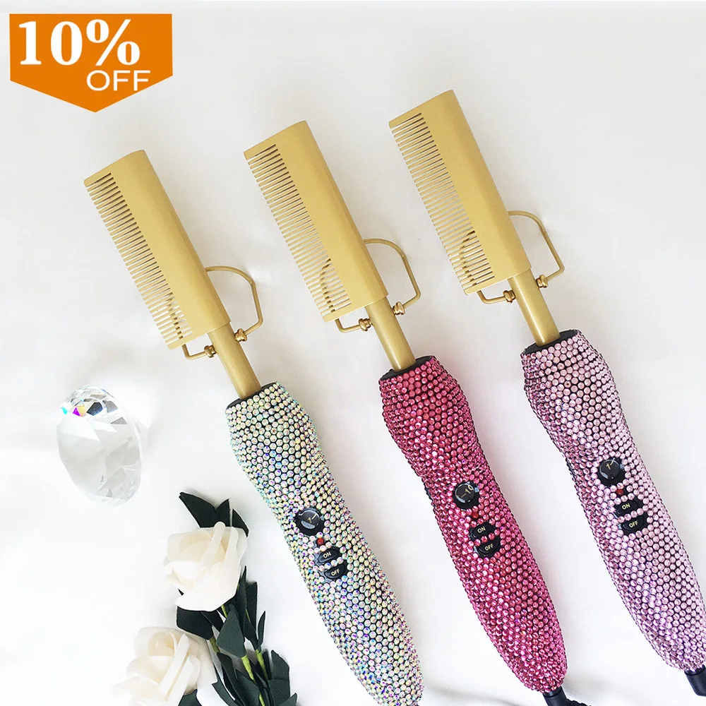 
Private Label High Heat Ceramic Rhinestone Bling 500 Degrees Hair Straightener Pressing Electric Hot Comb 