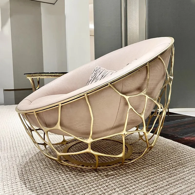 BillionPlus Furniture Luxury Modern Brass Coral Fabric Leisure Accent Lounge Chair Metal Home Hotel Lobby Living Room Chair