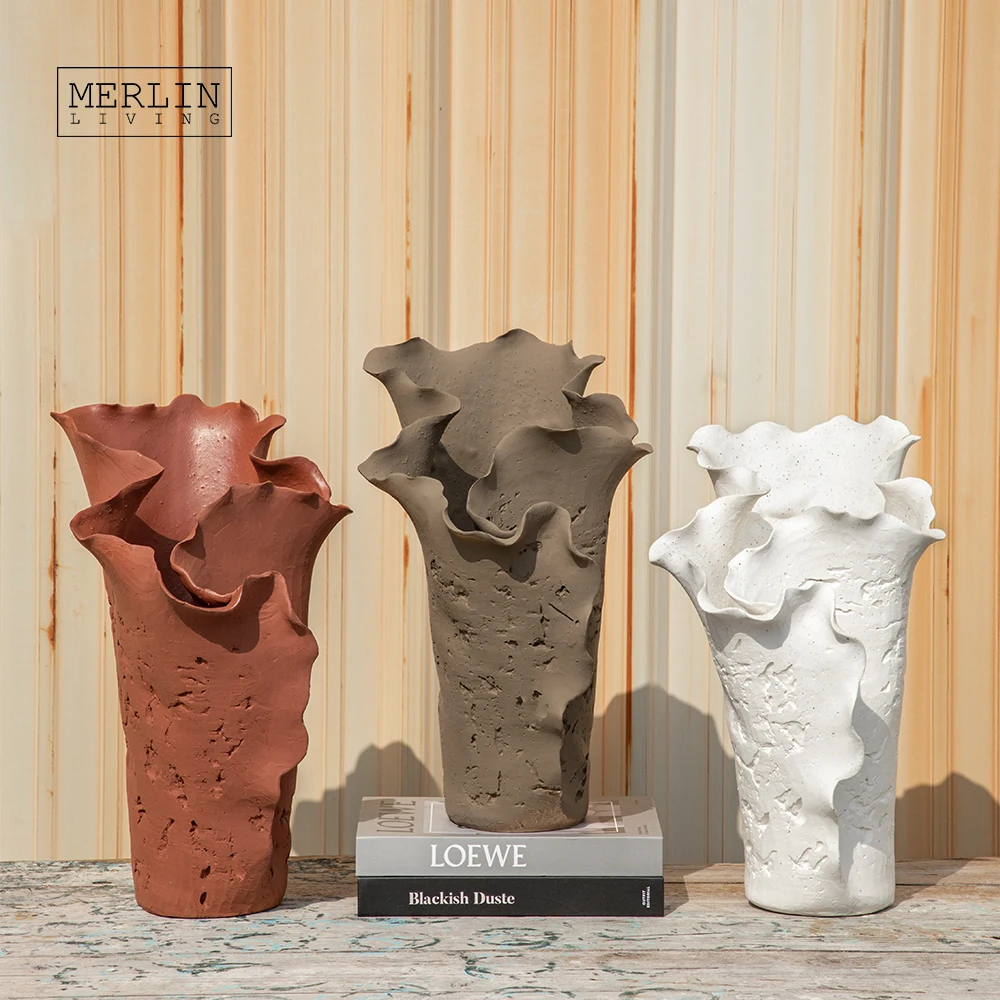 Merlin Living Handmade Artstone Vintage Big Vase For Home Decor Color Vase Rustic ceramic porcelain vases Ceramic Factory Custom