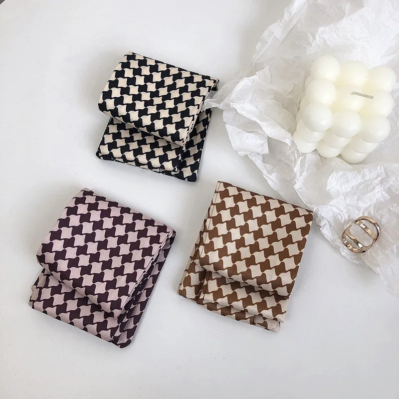 2021 new thin narrow long plaid silk scarf female temperament elegant hair band retro hair tie strap