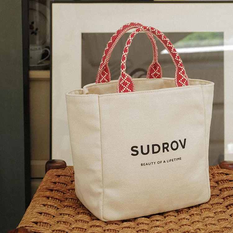 Korean Style Inside Pocket Plain Canvas Handbag Beach Shopping Tote Bag with Custom Printed Logo