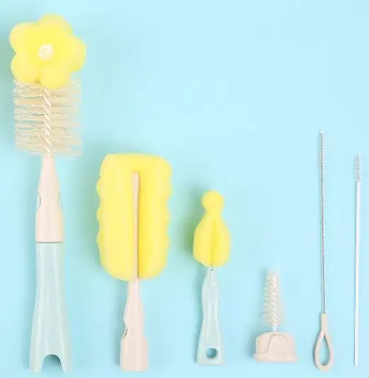 multi-piece 6 in 1 bottle sponge brush with nipple brush cleaning set for baby bottle
