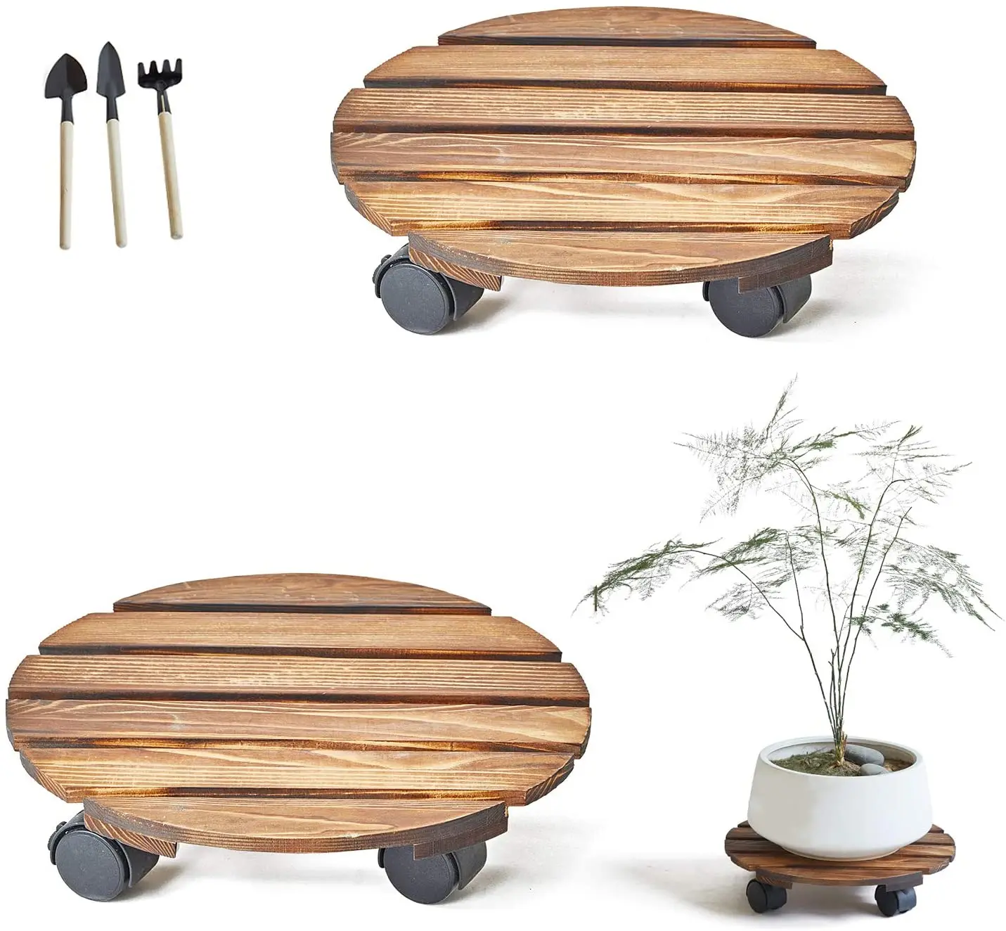 
Plant Caddy with Wheels/ Wood Round Plant Flower Pot Holder with Wheels 