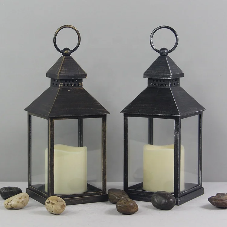 Home Garden Outdoor Decor Festival Bronze Candlestick Holder Gold Brushing Battery Operated Plastic Lantern with LED Candle