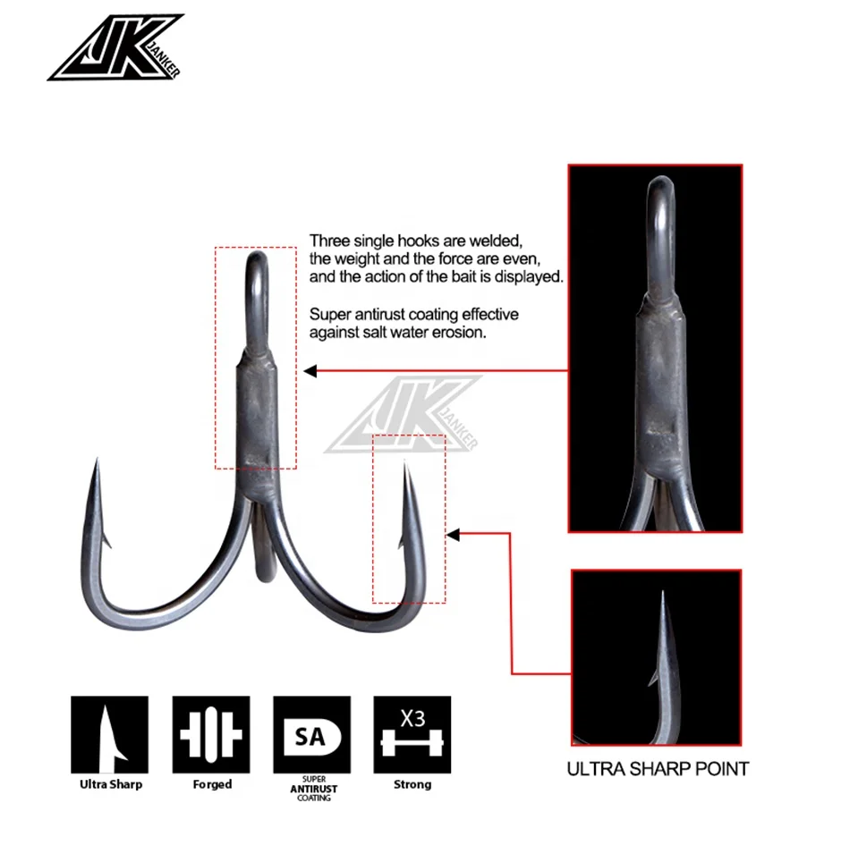 JK High Quality Mustad Wholesale Hardness Sea Fishing Freshwater Saltwater Lure Stainless Steel 3X Treble Hooks