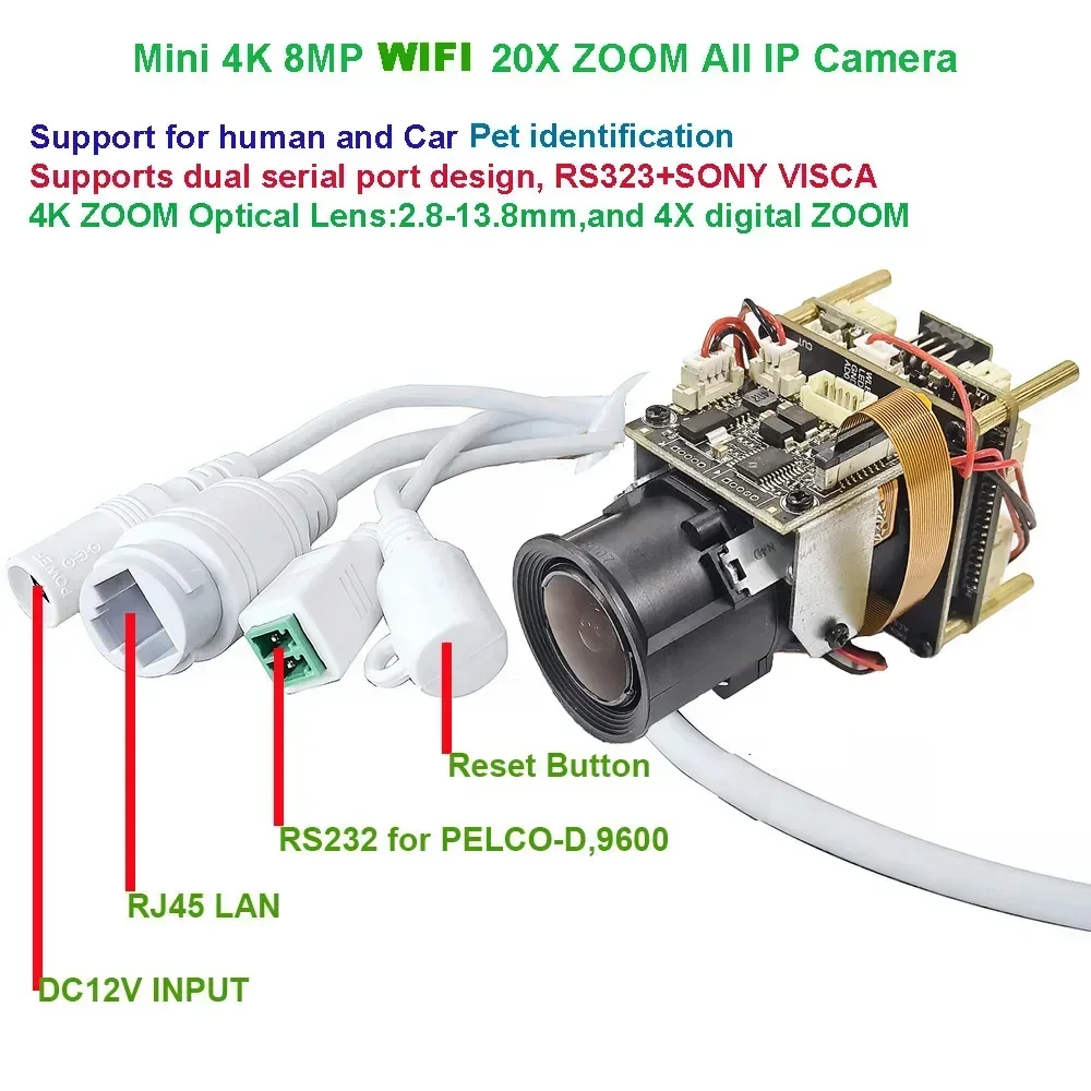 Camhi camhipro 20X zoom 4K 8MP wifi wireless Visca RS232 IMX415 IP Camera  P2P ONVIF SD 512GB IP Camera