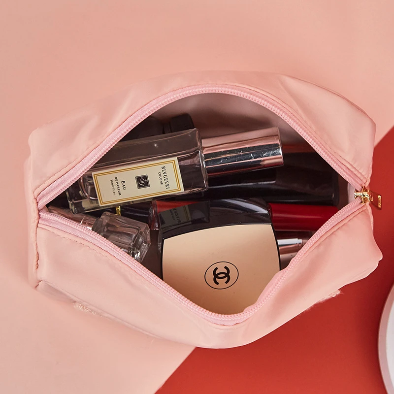 Wholesale Pink Waterproof Nylon Makeup Cosmetic Travel Embroidery Train Case Brush Terry Towel Cosmetics Bag For Girl