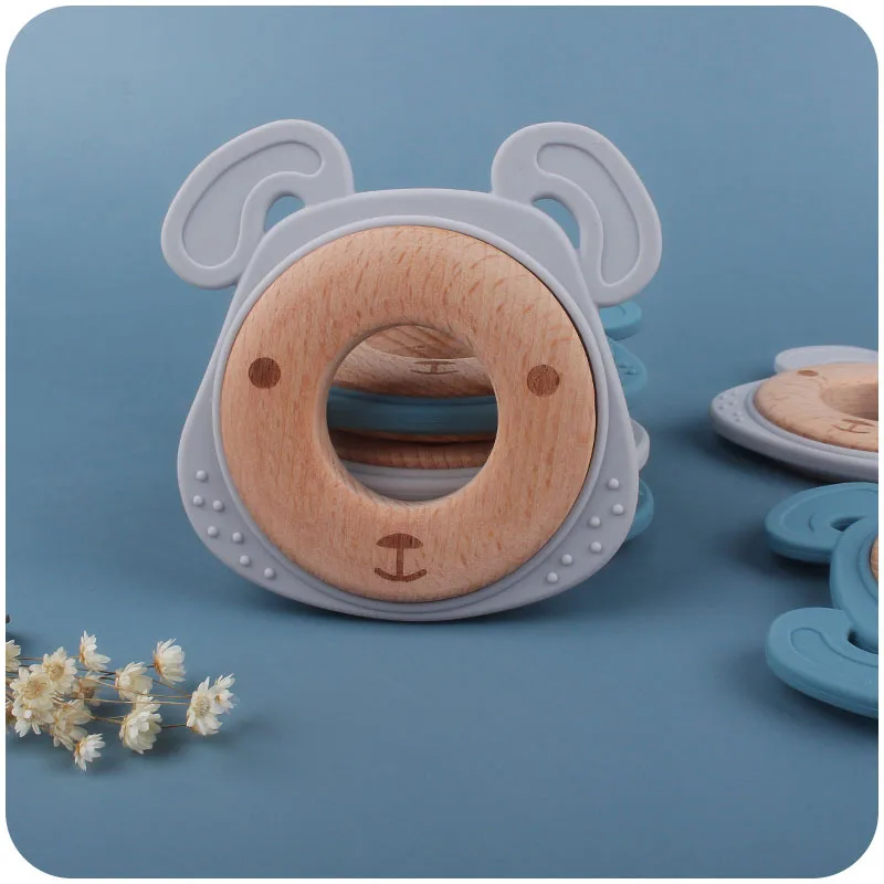 Popular Food Grade Silicone Wooden Cartoon Animal Bear Baby Biting Teething Ring Teether