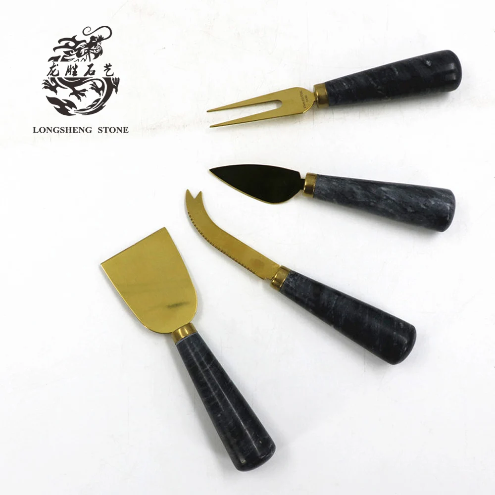 White marble base for stainless steel cheese knife and fork sets