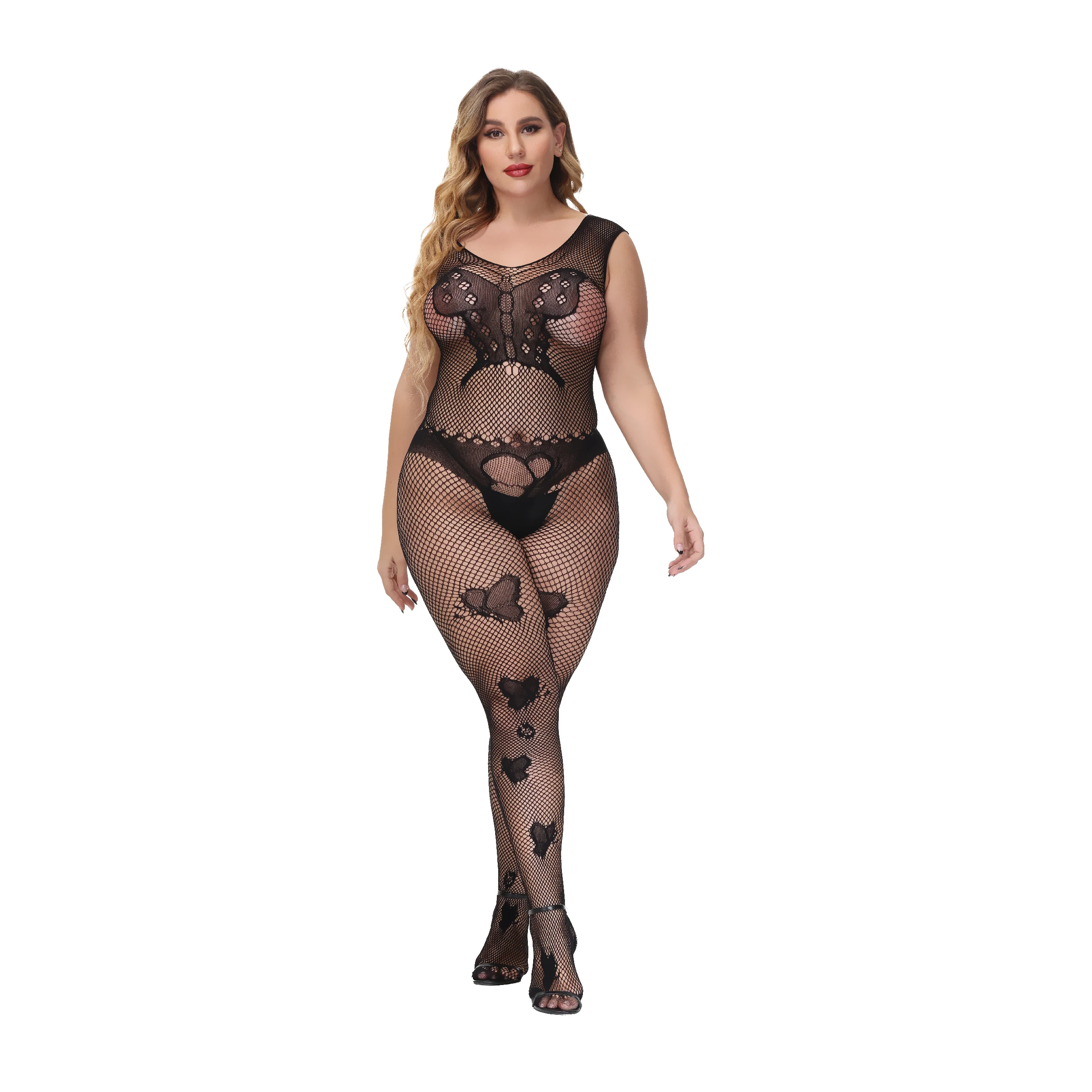 Wholesale Fishnet Nylon Plus Size Sleeveless Butterfly Pattern Bodystocking
