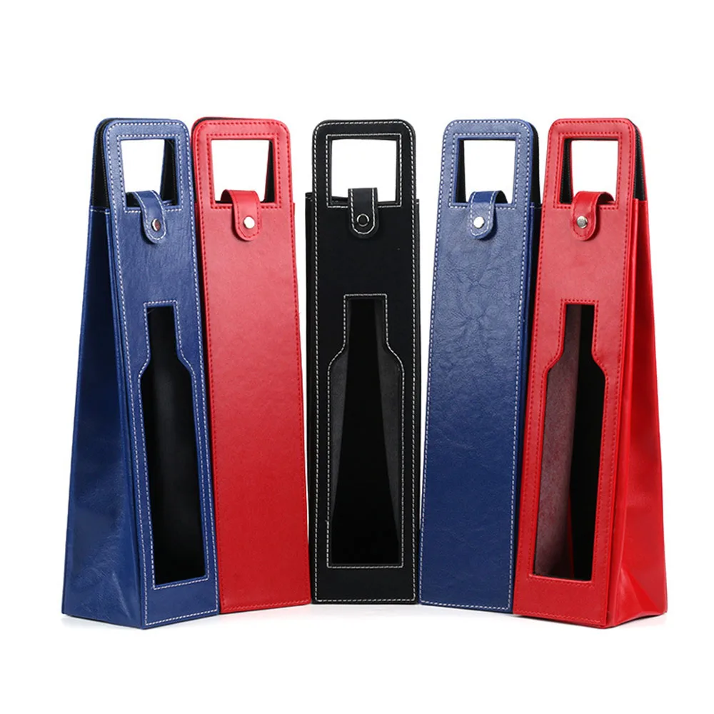 Custom Luxury Single Double PU Leather Wine Bottle Gift Packaging Bag With Metal Button Closure