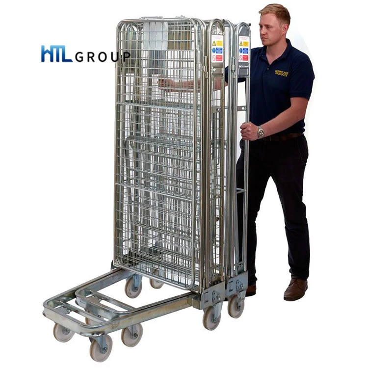 Galvanized nestable collapsible metal welded steel roll container for warehouse