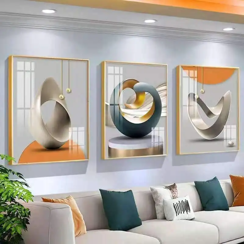 Wholesale Framed Wall Art Painting Modern Luxury Decoration Painting Design Crystal Porcelain Painting 3 Pcs In A Set