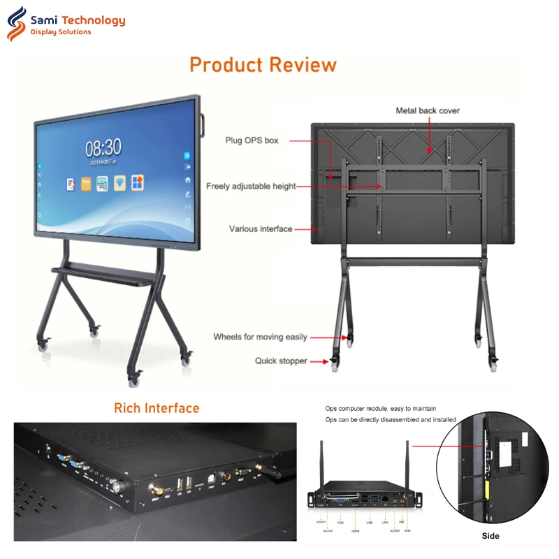 ODM 4K Android OPS 65 Inch Portable Interactive Display Smart Board 75 86 100 110 Inch Touch Screen LCD Monitor Whiteboard
