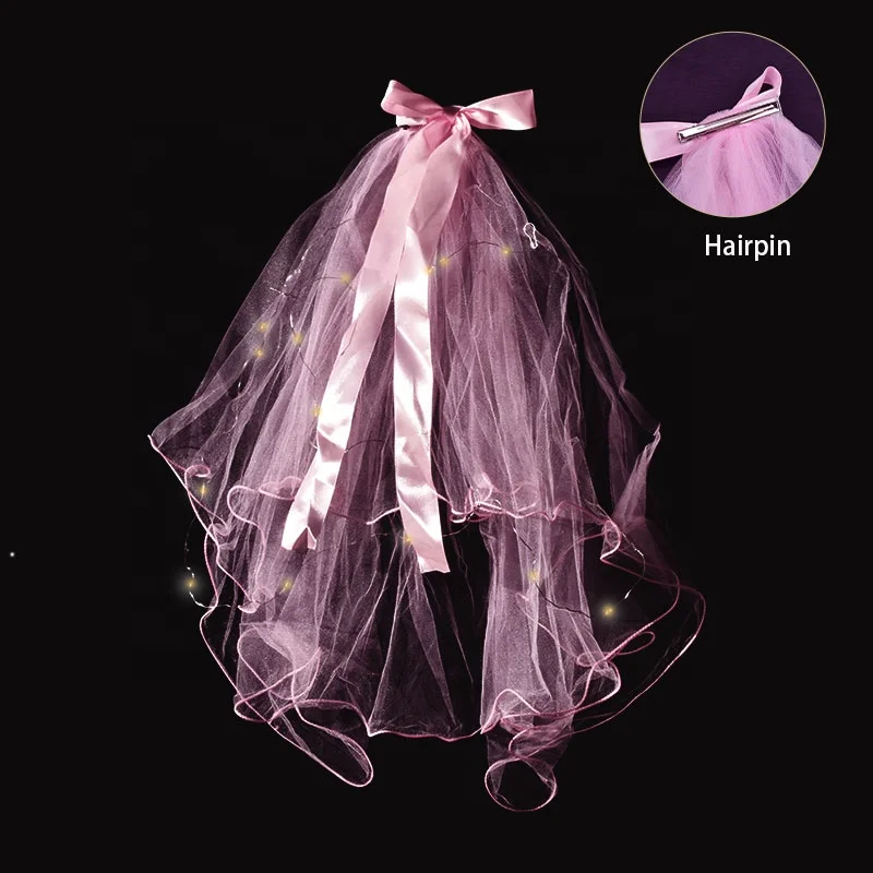 INS популярный ночной рынок Бант Лента Край Светодиодный свет Вечеринка вуаль с заколкой для волос для женщин девичник