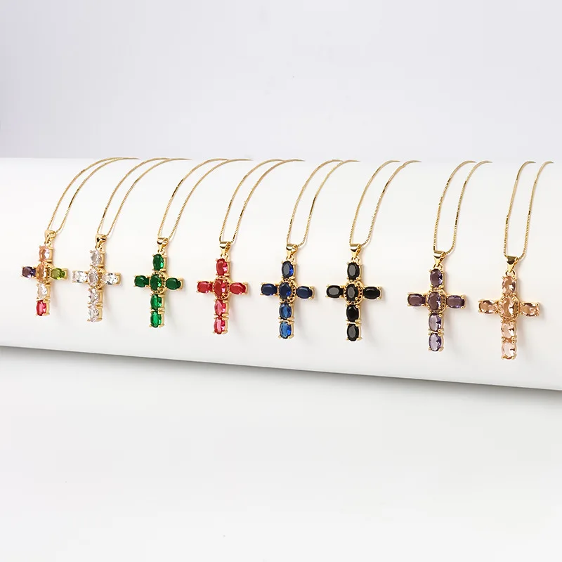 Fashion Gold Plated Multi Color Oval Shape Crystal Zircon Cross Pendant Necklace For Lady Gift