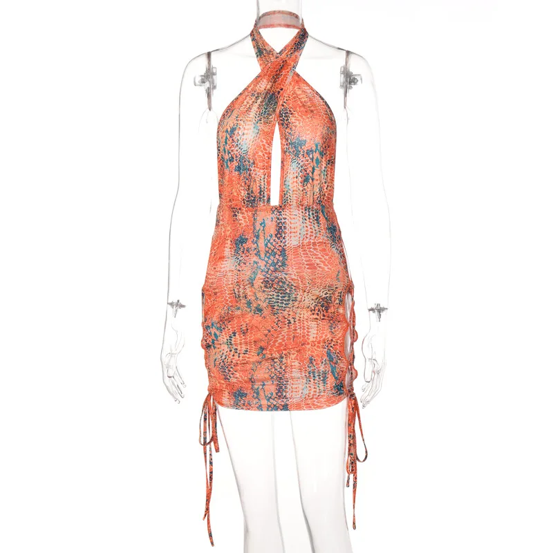 Latest Summer Fashion Beach Sexy Hollow Out Snake Print Backless Sleeveless Cross Halter Night Club Mini Dress