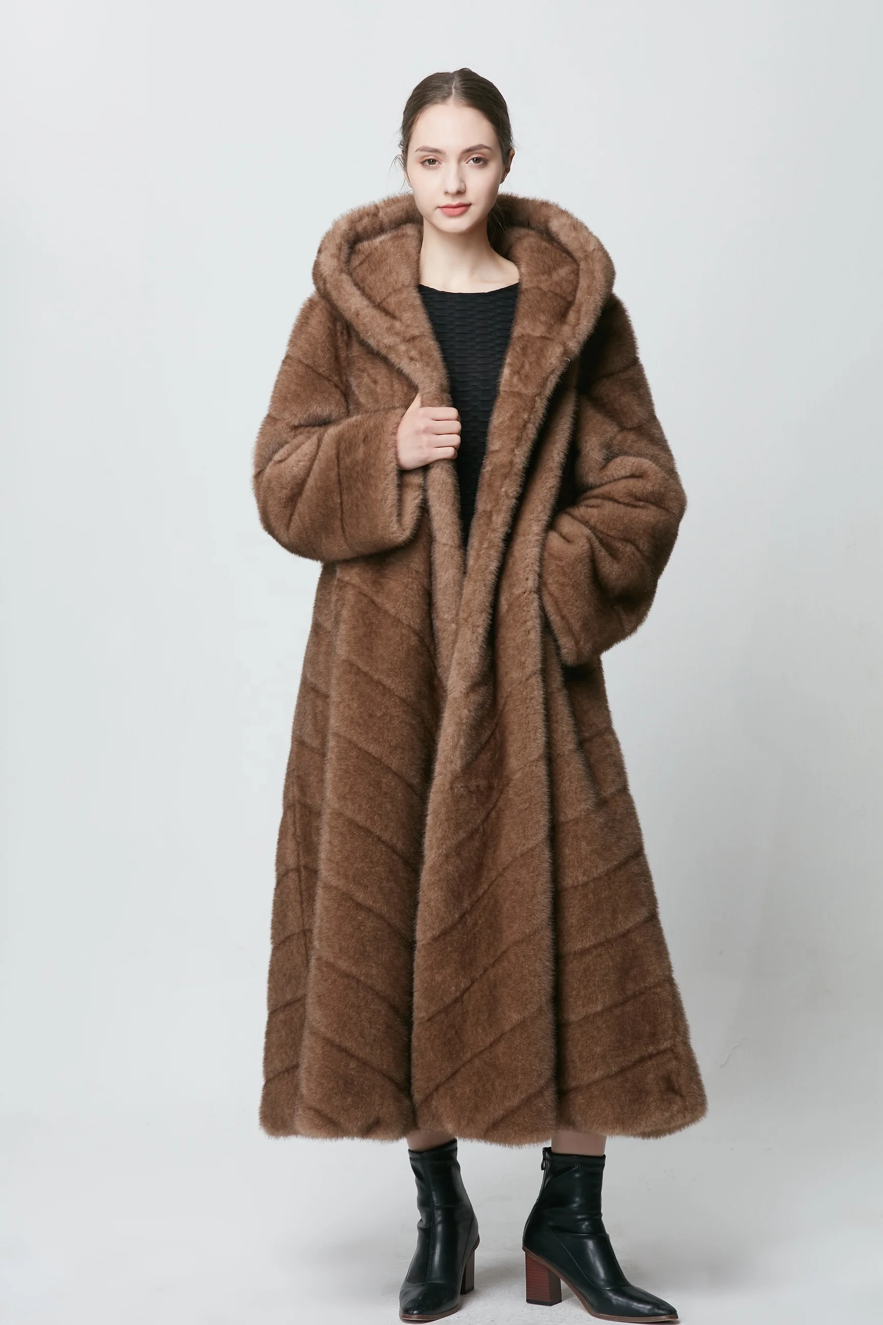 Fashion 2023 Hot Sale Solid Extra Long Faux Sable Mink Fur Hooded Fur Coat Full Sleeve Single Breasted Coat Parka