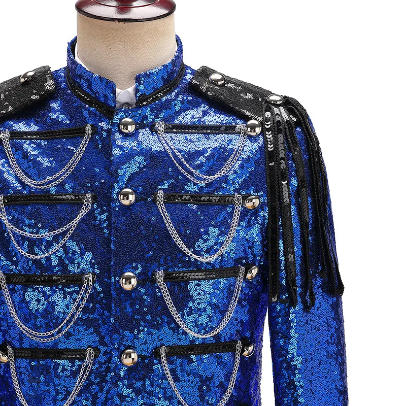 Black Sequin Coat Steampunk Blazer Stand Collar Fringe Design Blazer Nightclub Costume Party Prom Rock Outfit Blue Stage Clothes