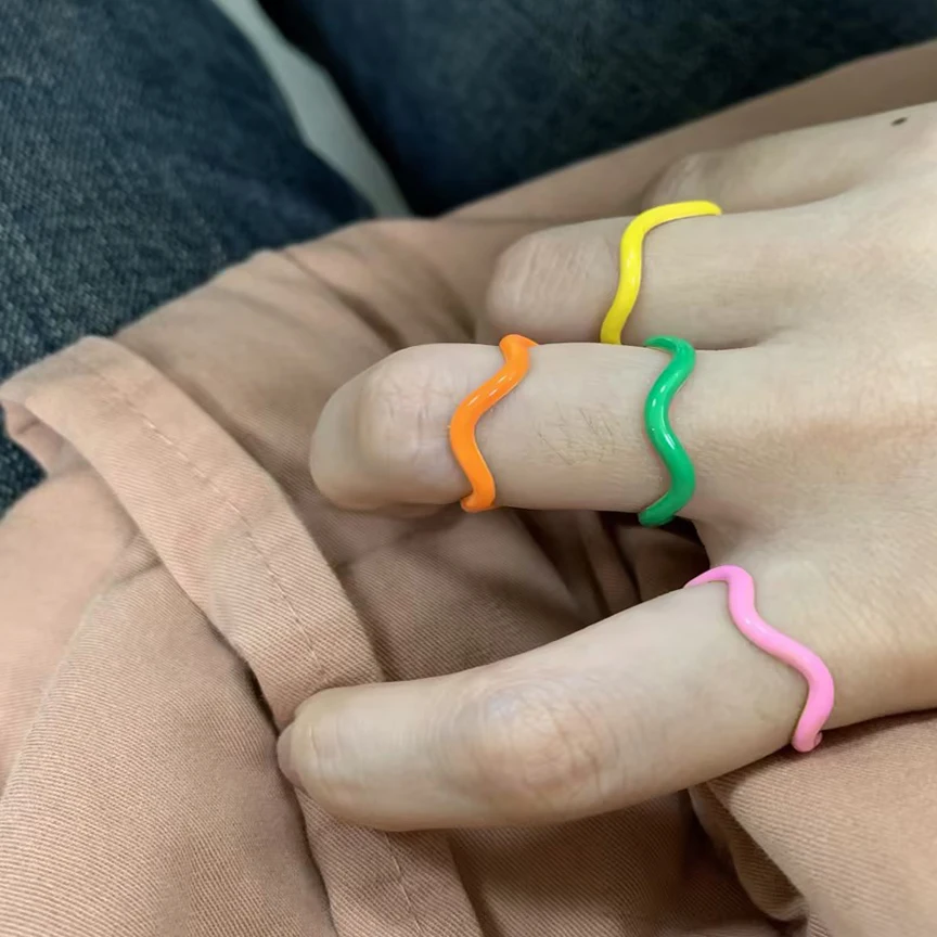 Wholesale summer 925 sterling silver fashion fine jewelry 18k gold 5 colors enamel wave shape rings for girls