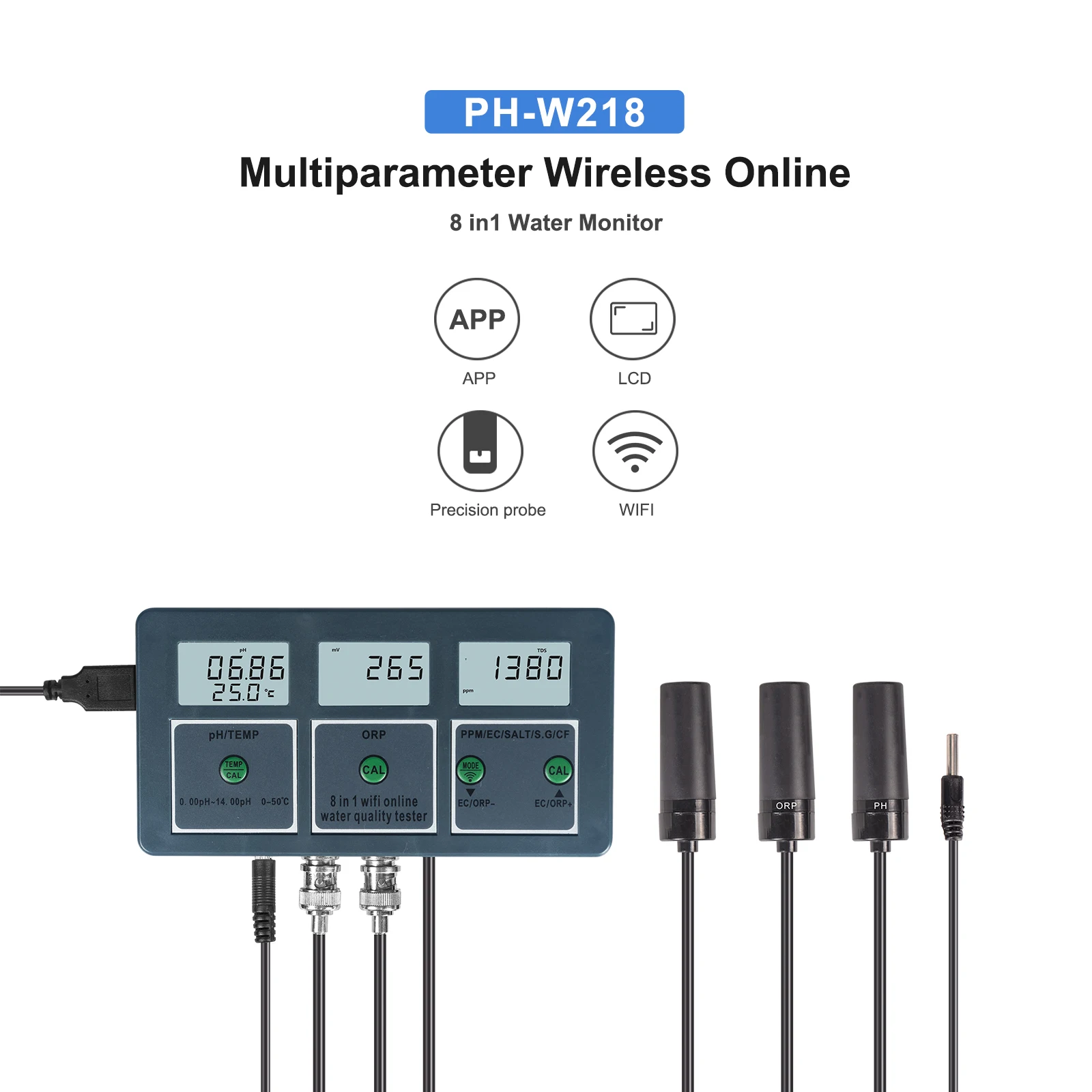 Wifi Water Quality Monitor 8 in 1 Digital Water Analyzer PH EC TDS ORP SALT S.G CF Temperature APP Remote Online Monitor