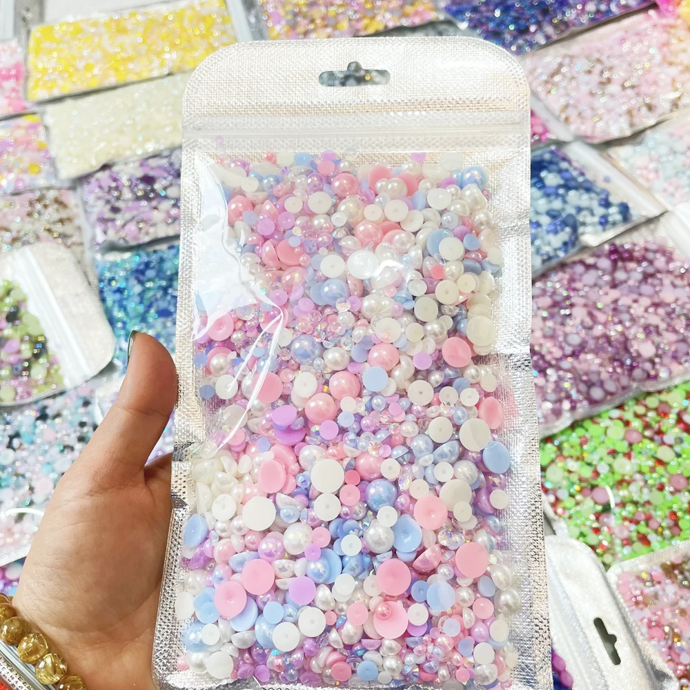 WHATSTONE Color Mix Half Round Flat Back Pearls Resin Rhinestones Customized 150g/4500pcs Mix Sizes Trade Assurance D & G Shoes