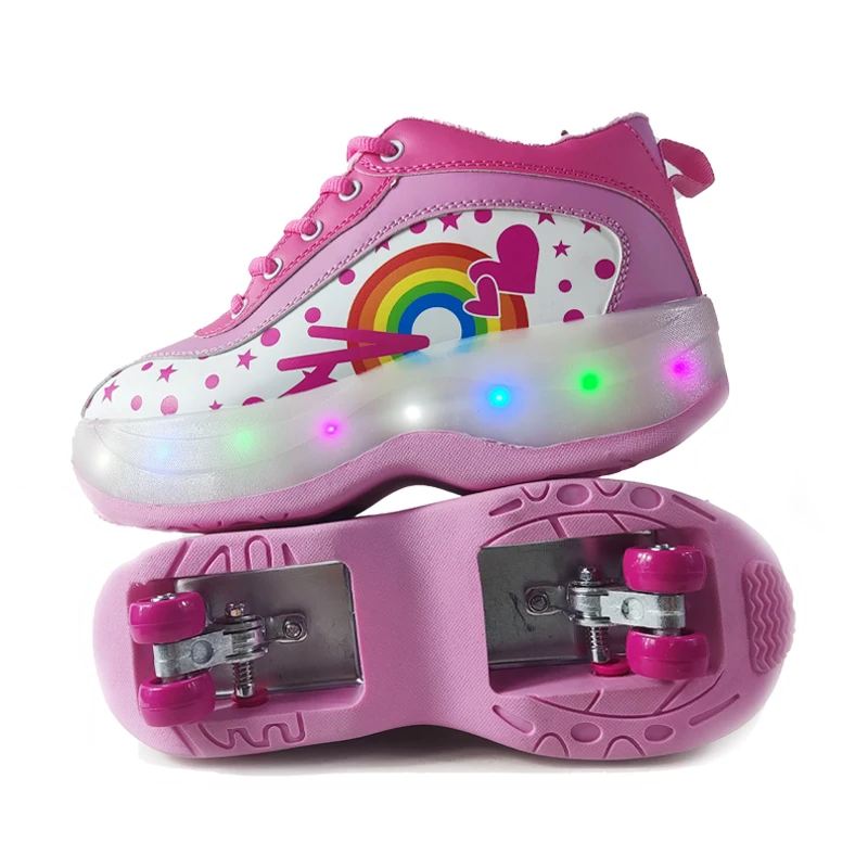 Kids Boys Girls Buy Light Up Hidden 4 Wheel Retractable Kick Roller Skate Sneakers Shoes