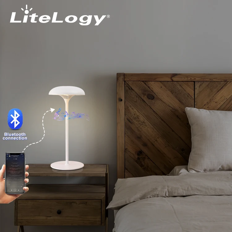 Customized Restaurant Unique Design Bt Battery Cordless Rechargeable Modern Mushroom Table Lamp With Speaker