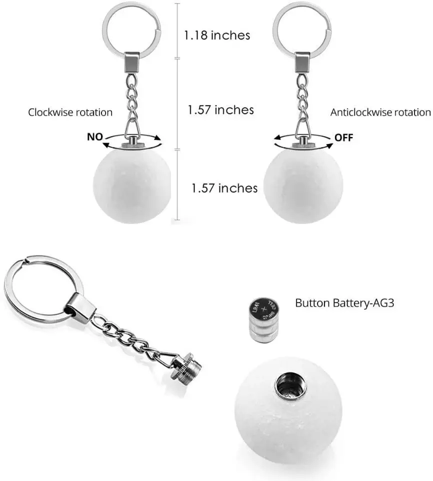 2021Hot Sell Decoration Accessories Creative LED Night Light Key Holder Chain 3D Print Moon lamp Keychain 4cm