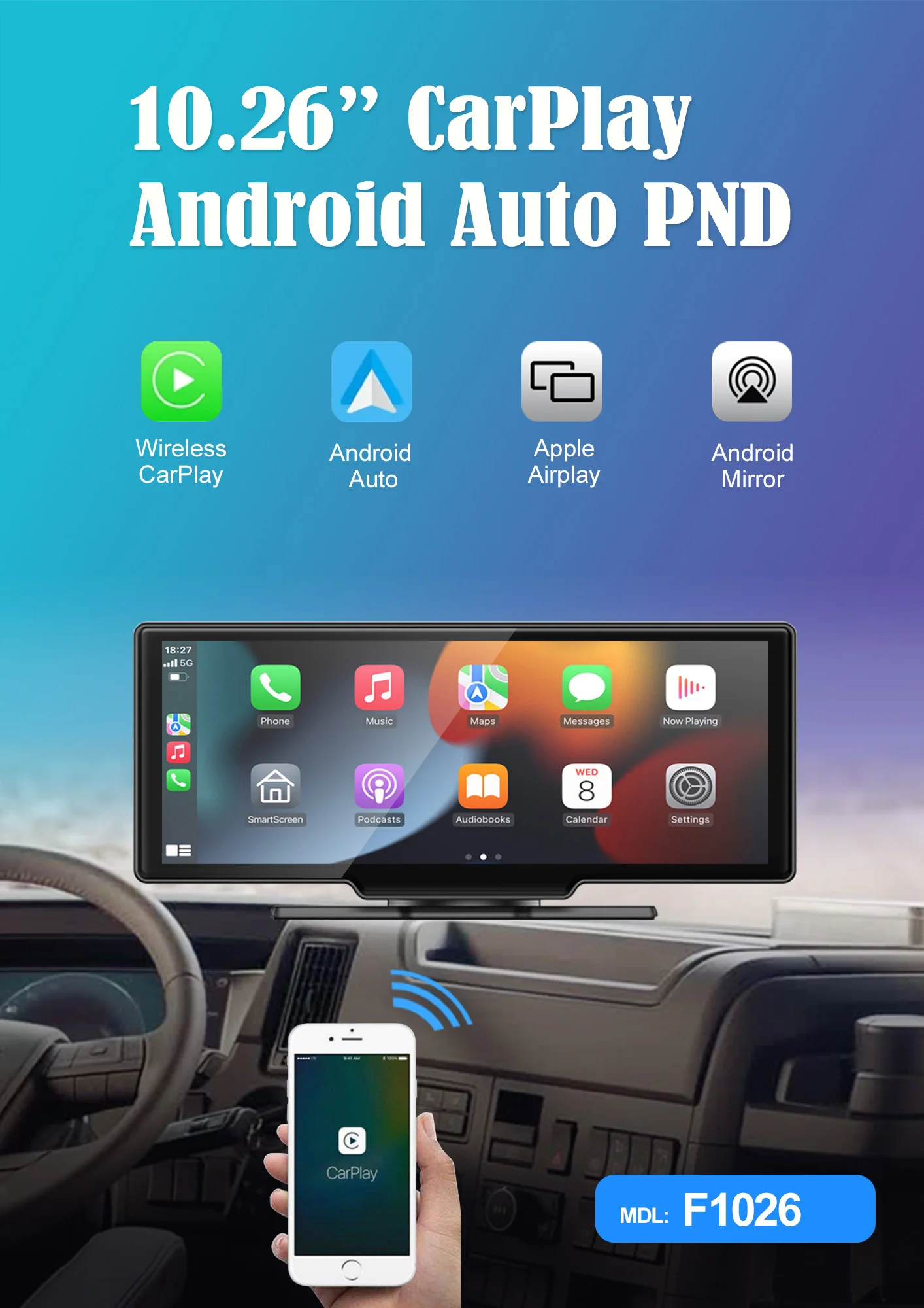 10.26 Inch IPS Portable Wireless Carplay Screen Android Auto GPS Navigation AUX FM Smartphone Monitor Reverse Camera