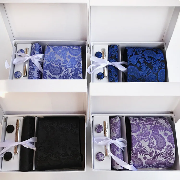 White Gift Box Custom Wholesale Black Men Striped Silk Tie and Hanky Sets Cufflink Tie Set Necktie Sets
