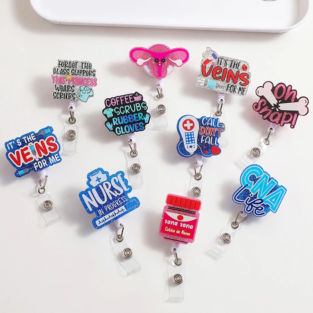 ABO Customized Wholesale Nurse CNA Badge reel Acrylic Plastic Glitter Badge Reel Medical Field Holder Nurse Accessories