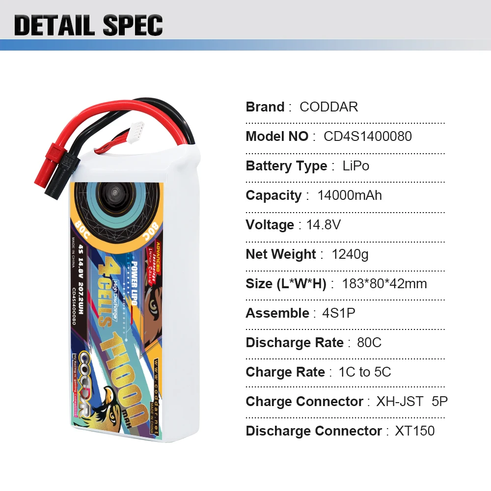 CODDAR 4S 14000MAH 14.8V 80C XT150 Connector RC LiPo Battery Large Scale Drone Agriculture Quadcopter Race Car Truck Buggy