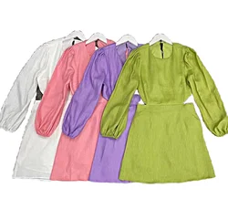 Wom Clothes Lady Mini Dress Summer Casual Women Clothing Waistless Linen Mini Dress Round Neck Long Sleeve Natural Woven Simple