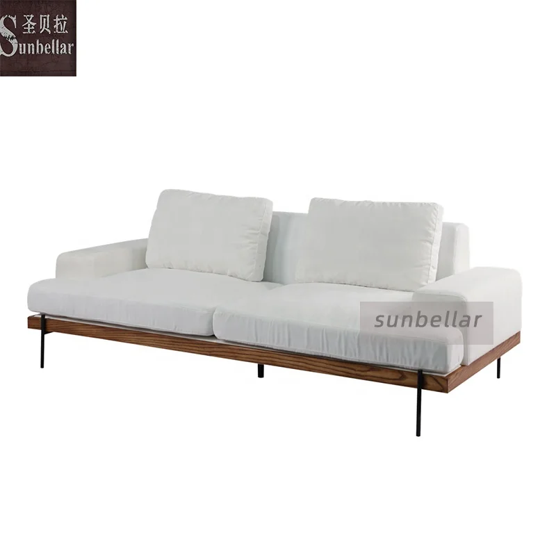 vintage fabric sofa genuine leather armrest wooden base with metal legs European style living room sofa white cotton linen