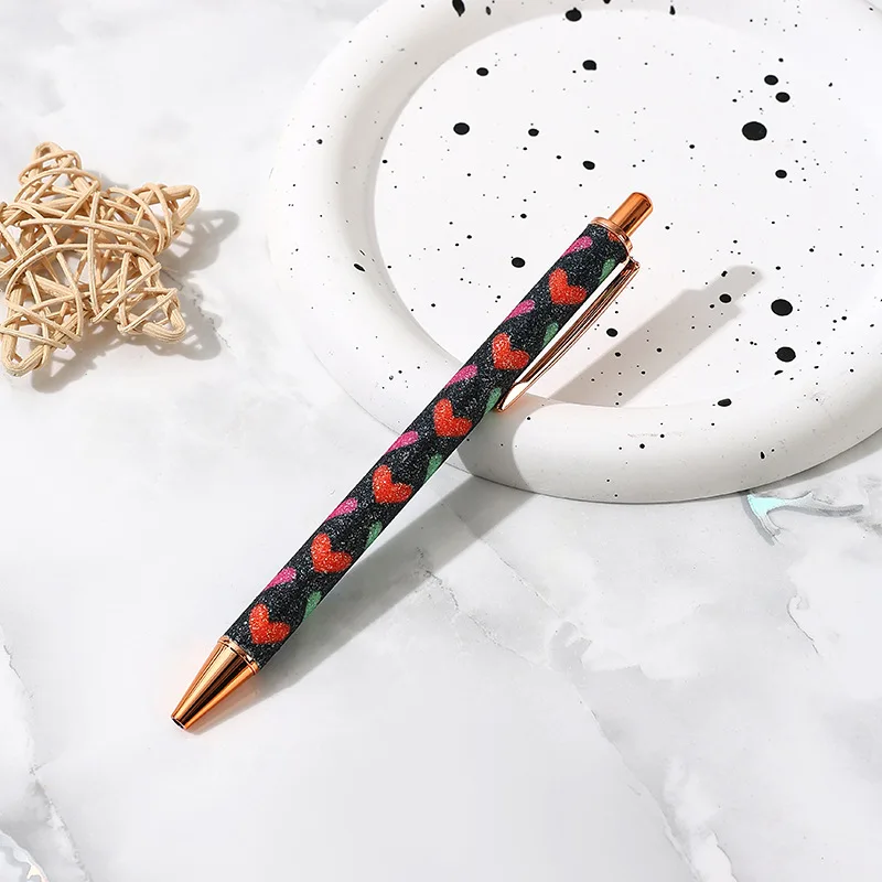 Sparkly Ballpoint Pens Fancy Glitter Heart Print Pens Metal Black Ink Pretty For Women Girls Ladies School Party Office Birthday