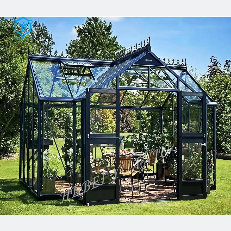 YUANJU Factory Price Modern Garden Decor Outdoor Greenhouse Glass Roof Wrought Iron Gazebo