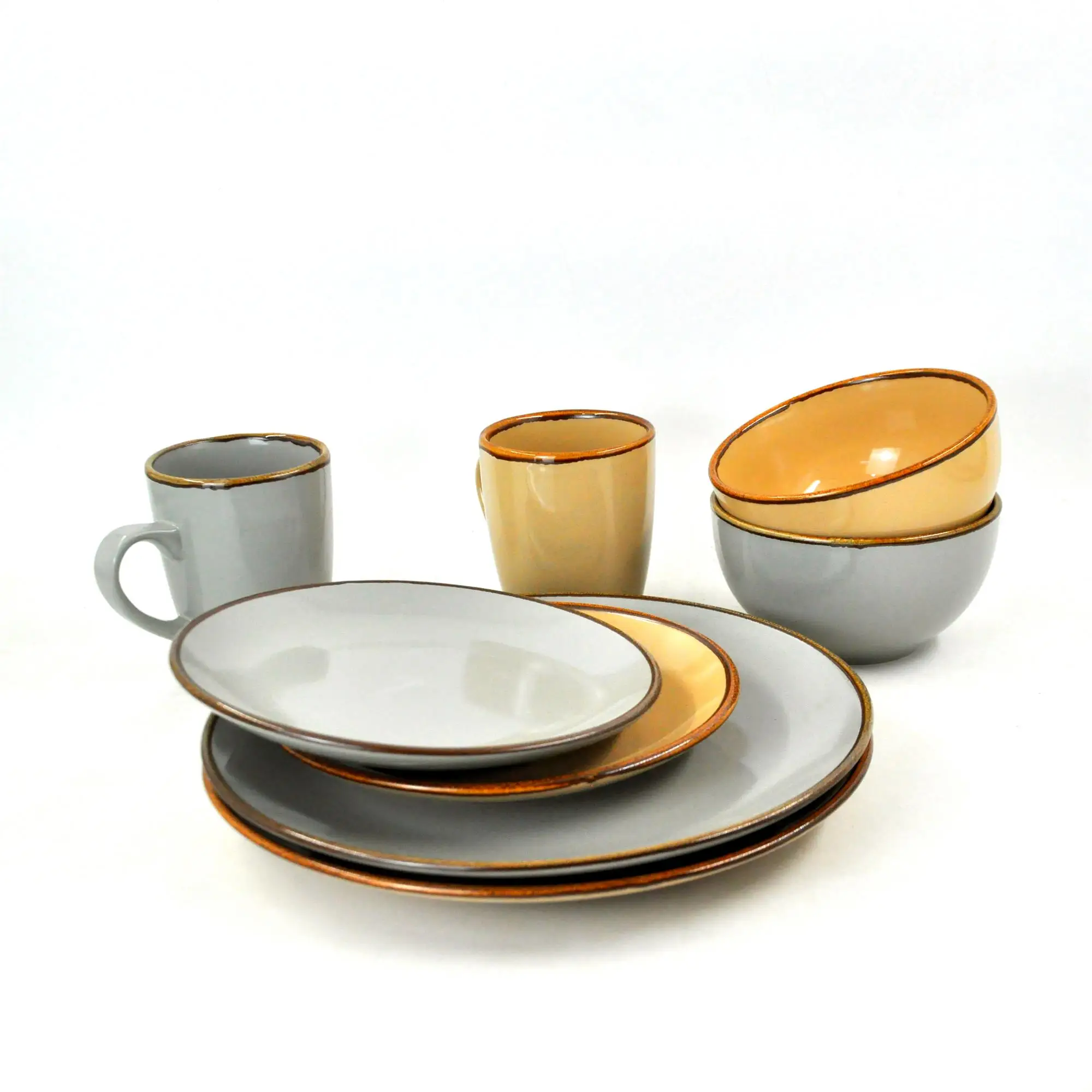Brown rim stoneware ceramic dinner set color glazed 5.5 inch bowls 10.5inch plates dinnerware
