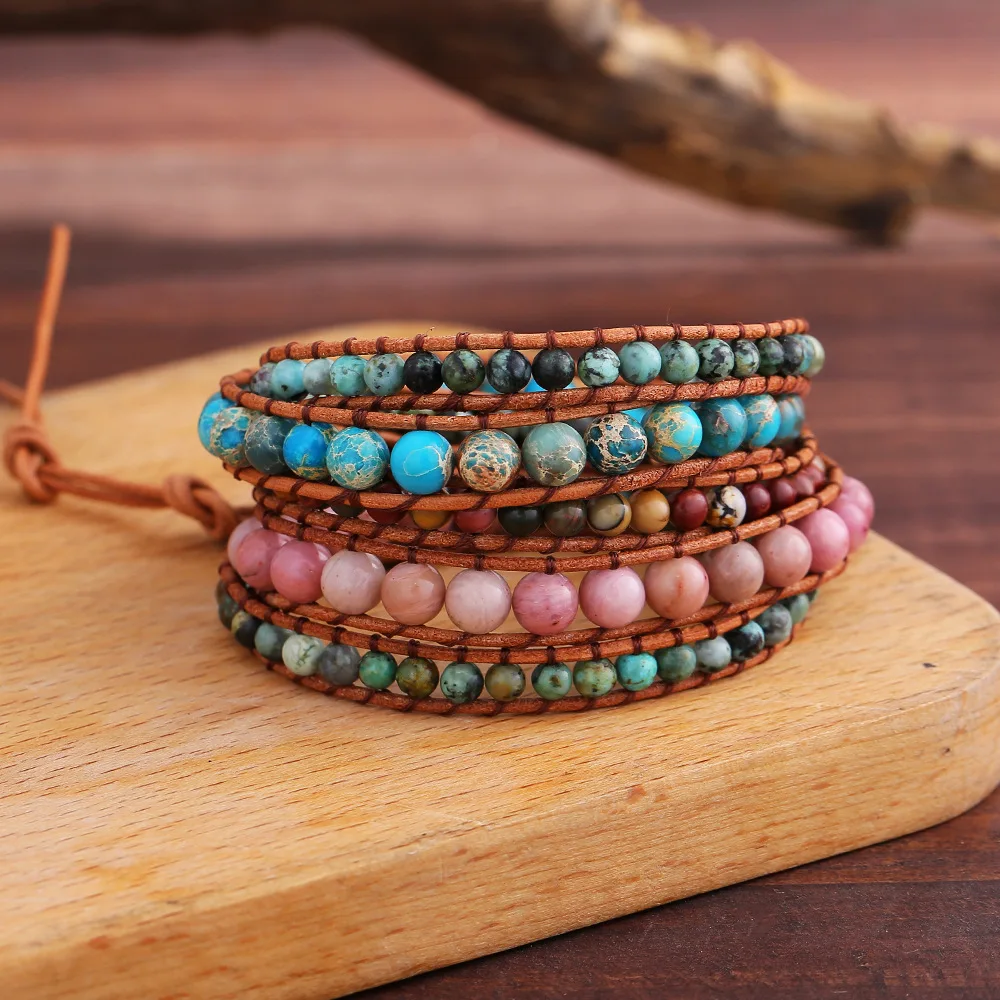 Exquisite Natural Stones Onyx Shell Beads 5 Layered Leather Wrap Bracelets Femme Boho Penta Cyclic Leather Wrap Bracelet
