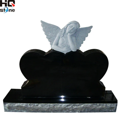 XIAMEN HQ STONE angel carving granite monuments double angel headstone marble shanxi black tombstone