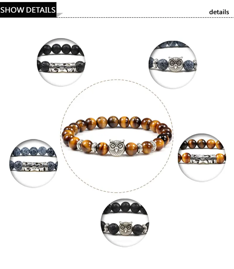 Black Lava Tiger Eye Stone Beads For Bracelet Classic Owl Beaded Crystal Bracelets Healing Natural Charm Bracelet Yoga Jewelry