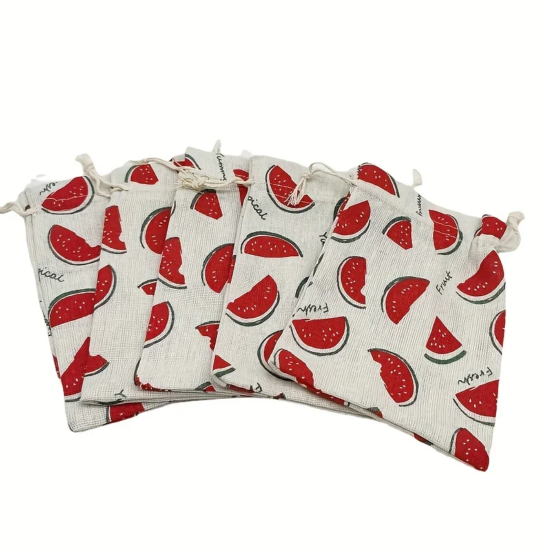 Summer Watermelon Drawstring Gift Bag Recyclable Cotton Party Favor Bag with Melon Pattern for Summer Decorations