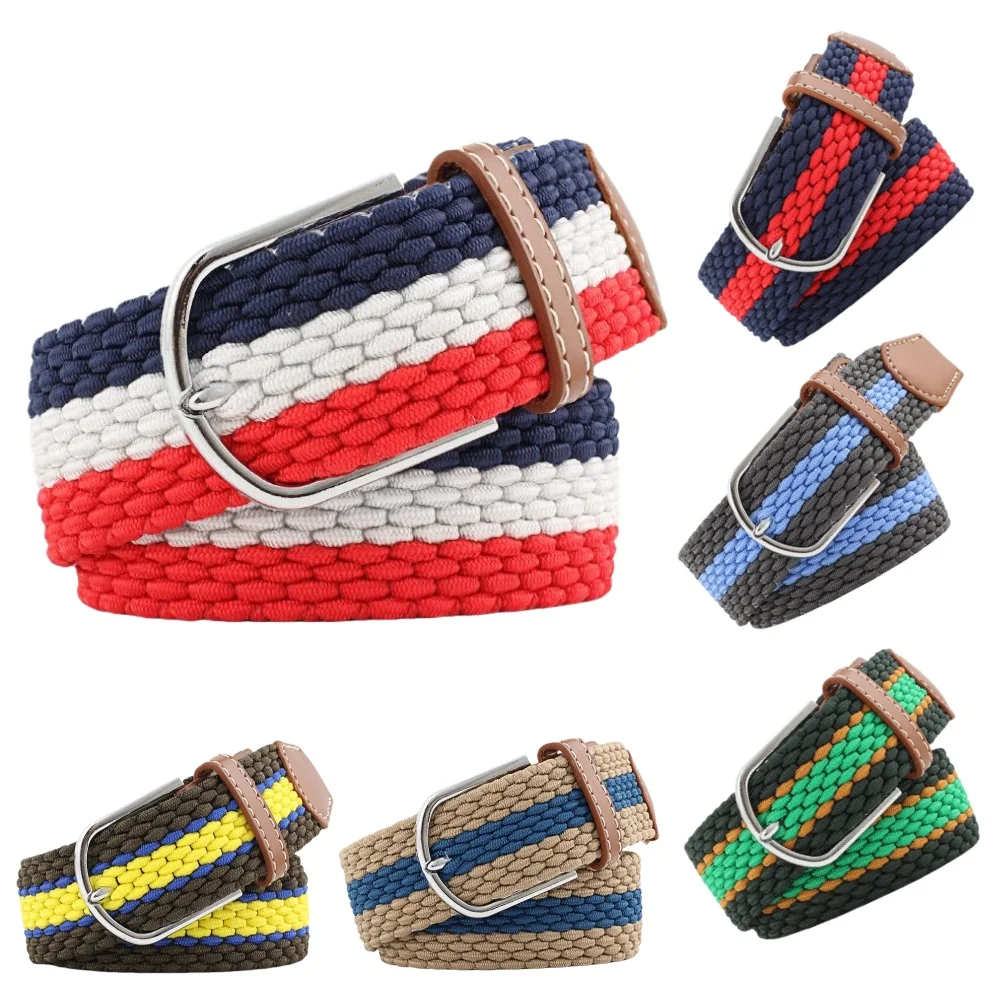 Men Women Knitted Casual Canvas Fabric Woven Stretch Braided Elastic Belt Striped pattern for Men Jeans Golf Custom logo
