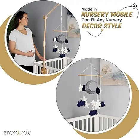 2024 new style.Navy blue clouds and moon star felt nursery mobile for baby crib modern boho baby mobile.