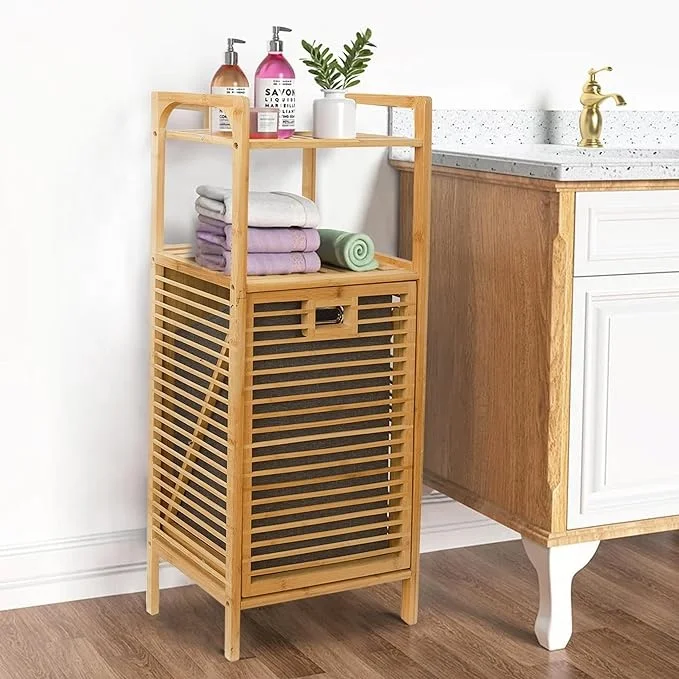 Bathroom Shelf with Removable Laundry Basket Bamboo Cabinet with 2 Shelves Dirty Clothes Storage Rack Foldable Laundry Hamper
