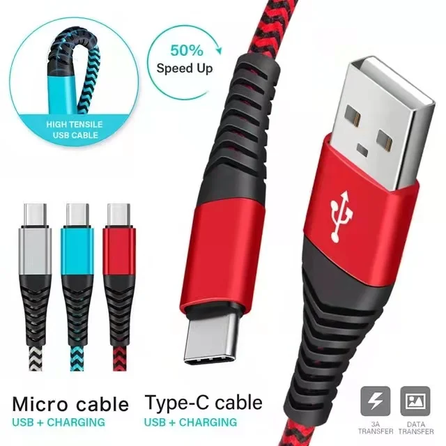 3A Fast Charging Type C Cable Charger Nylon Data Cord Micro USB Cable Android Mobile Phone Cable For Huawei Samsung S20 XiaoMi 9