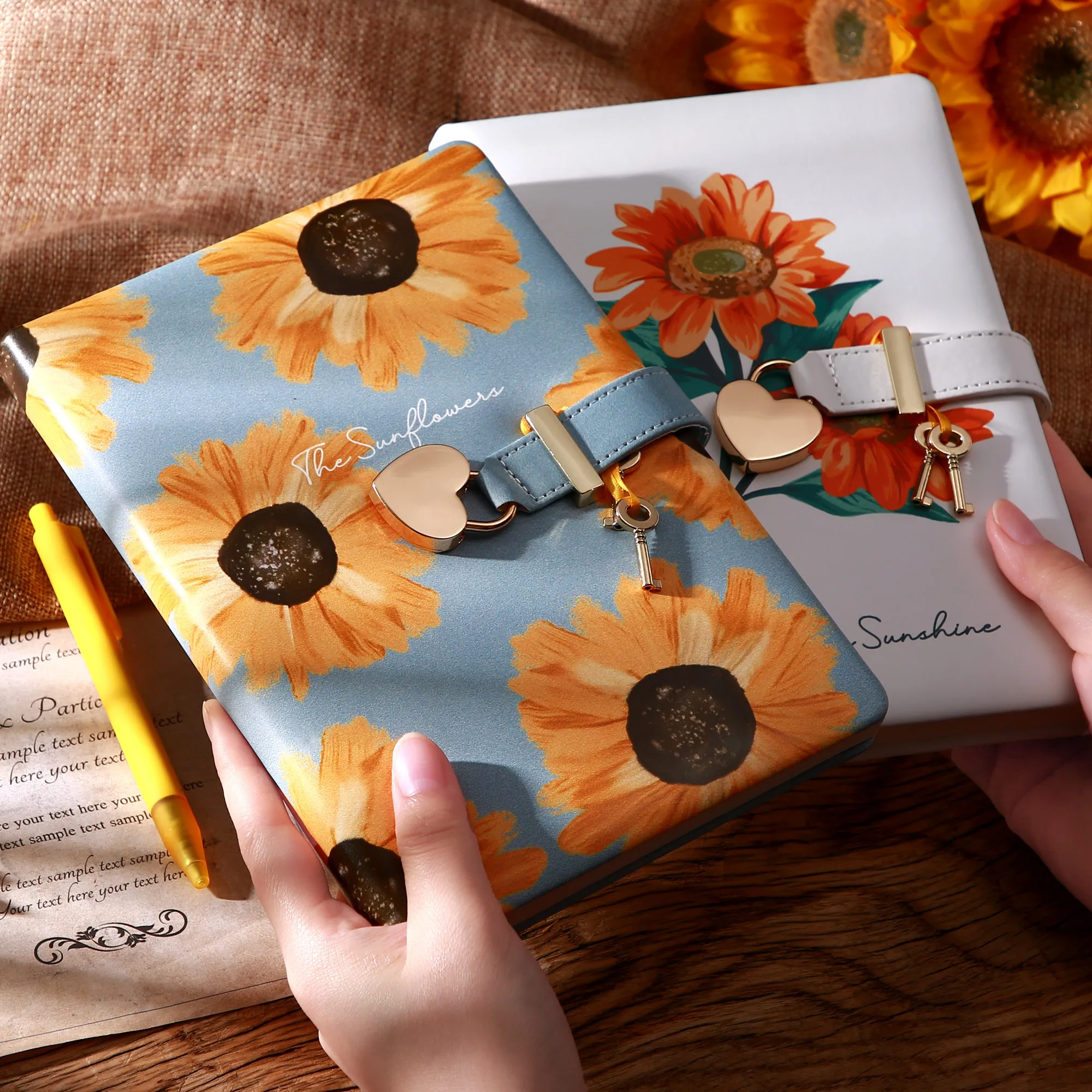 wholesale custom design a5 self care diary for girls sunflower notebook key heart shaped lock leather notebook