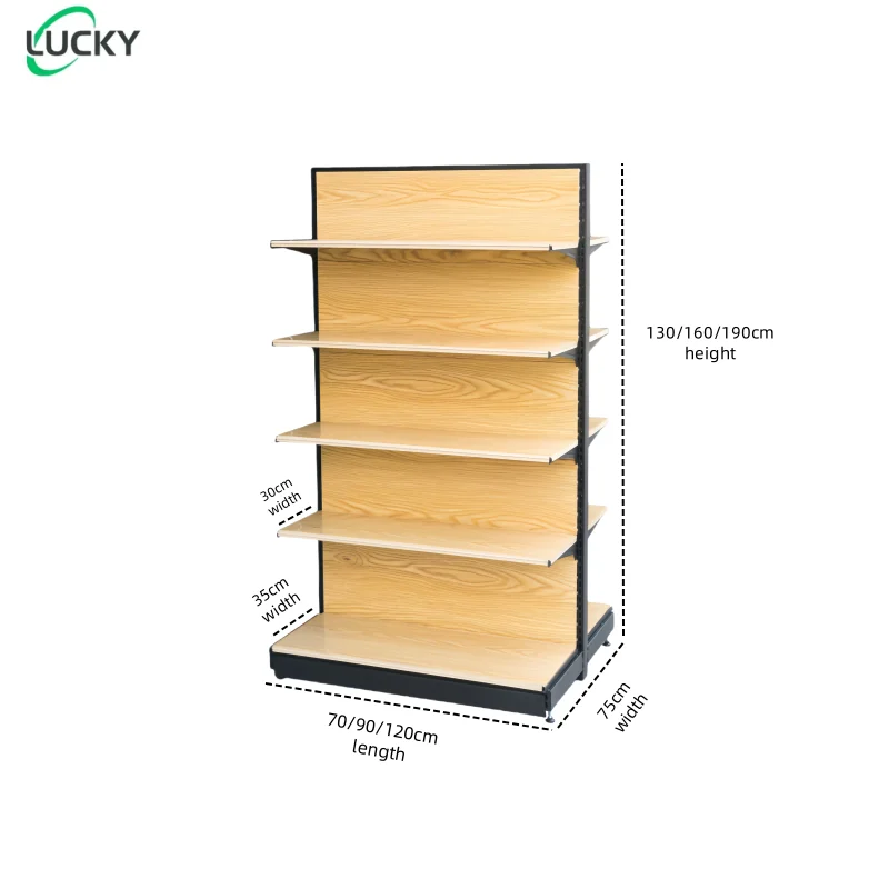 Leke supermarket double sided wood grain shelf five layer convenience store snack multi size storage rack 120,130/160/190 height
