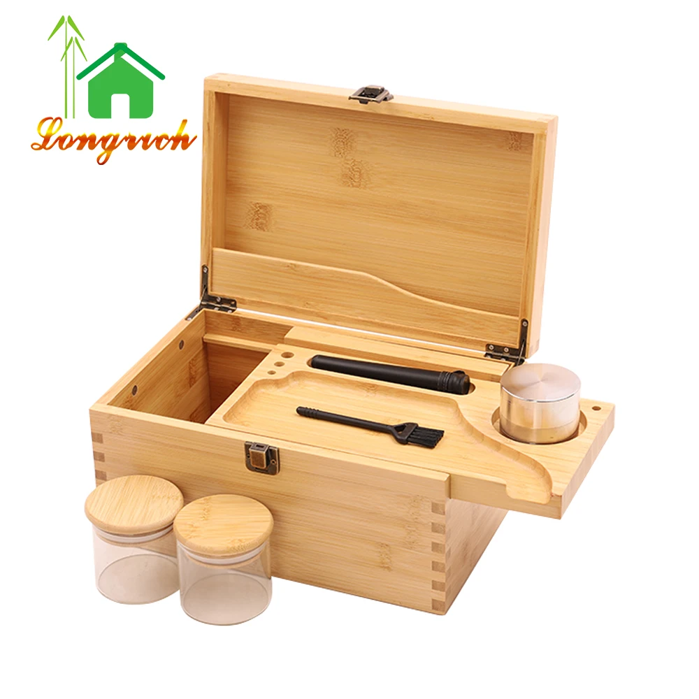 Nature Bamboo Wooden Herb Stash Box Storage with Rolling Tray Container to Store Smoking Accessories Grinder Pipe Rolling Papers