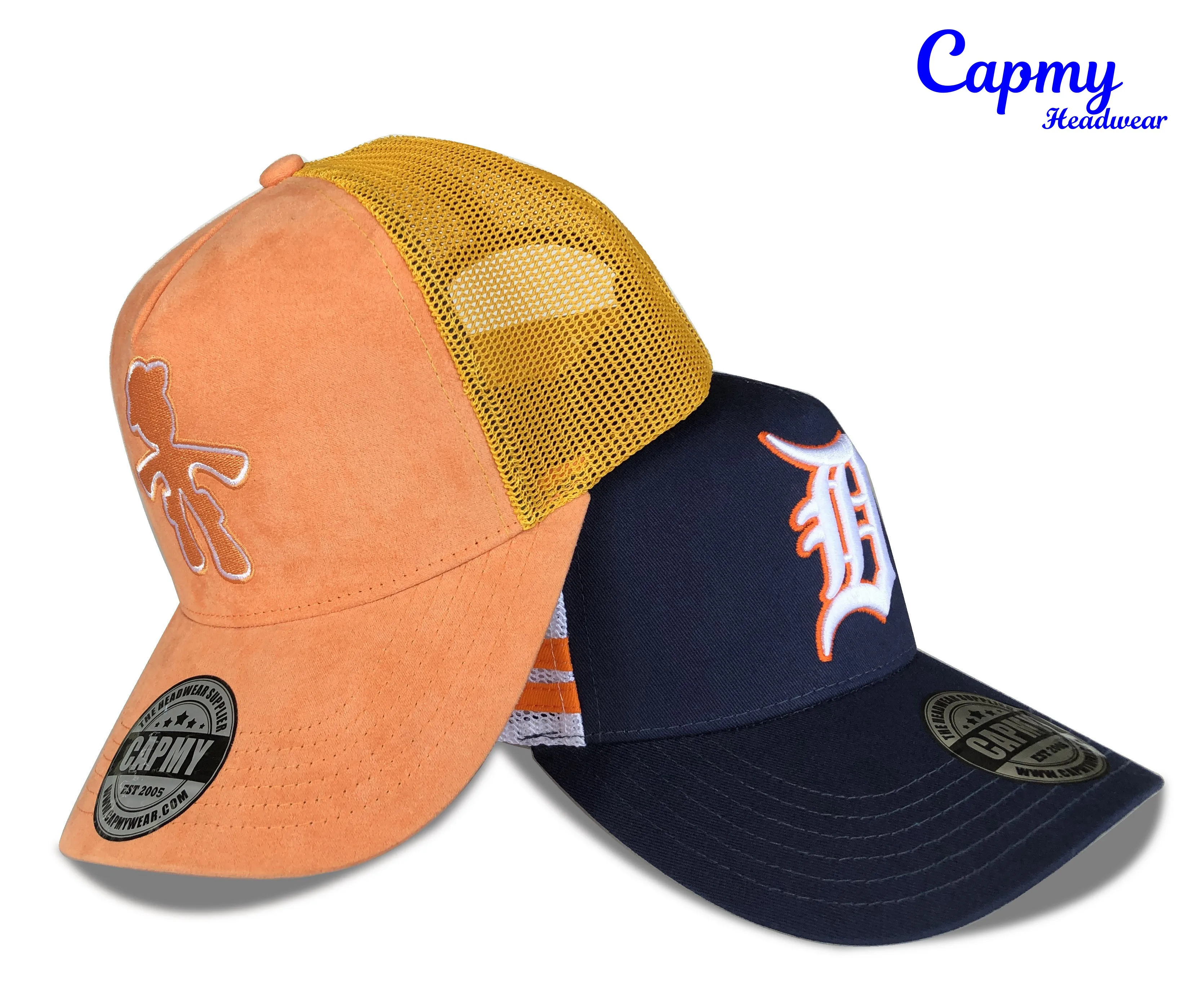 Customised Australia High Profile Embroidery Blue Logo Blue Mesh Trucker Cap Hat 5 Panel Country Trucker Cap With Side 2 Stripe